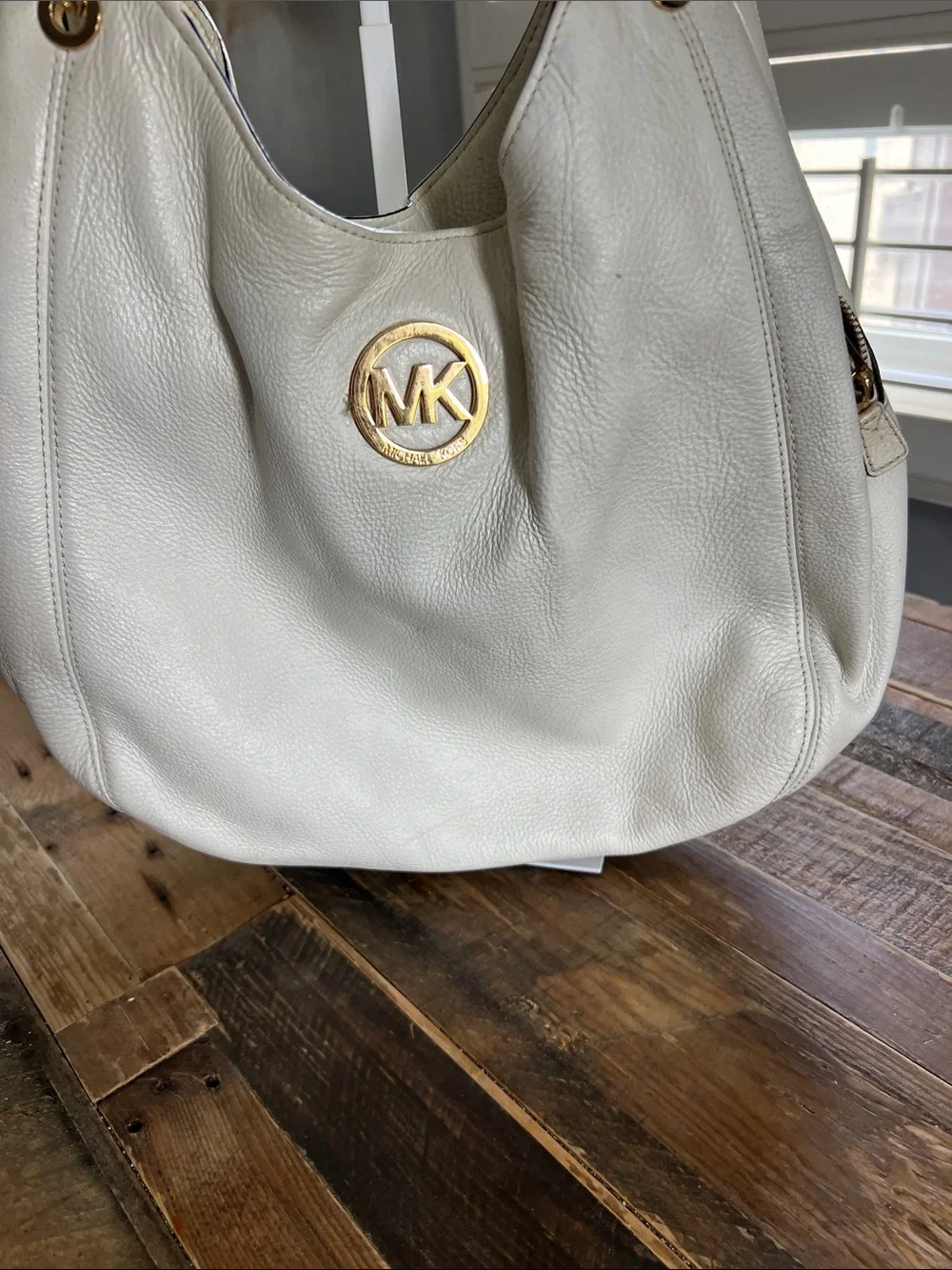 Michael Kors Ivory Pebbled Leather Shoulder Hobo with Gold MK Logo